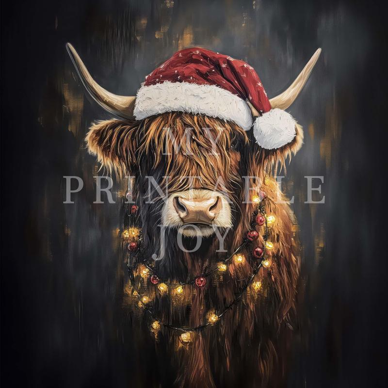 Aglined Highland Cow Christmas Art Print, Santa Hat Rustic Farmhouse Holiday Wall Art, Dark Academia Print, Unframed Poster