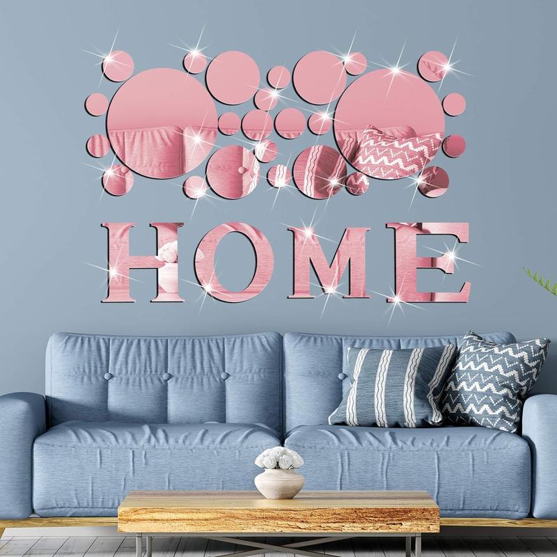 30 Pcs Living Room Wall Décor Home Mirror Wall Stickers Letter Signs DIY Acrylic Mirror Decals 3D Wall Decorations for Home Bedroom Living Room Décor Removable (Rose Gold)