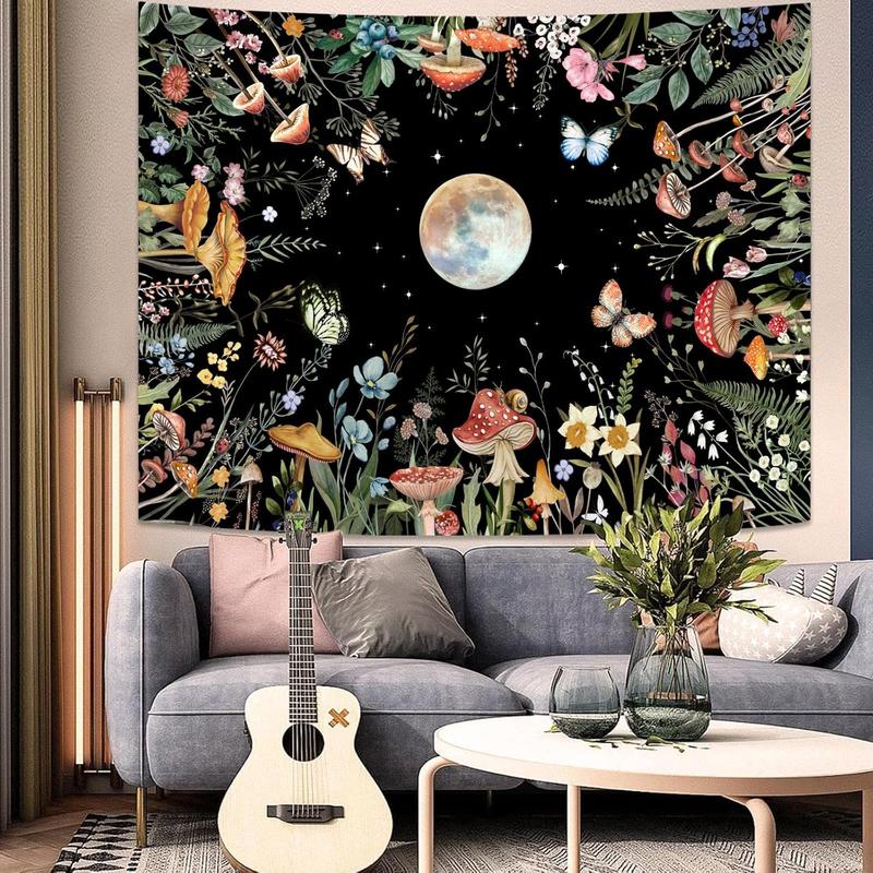 Moon Garden Tapestry Moonlit Green Plant Botanical Mushroom Flowers Tapestry Wall Hanging Black Nature Floral Butterfly Aesthetic Tapestries for Bedroom Dorm Living Room (48''  36'')