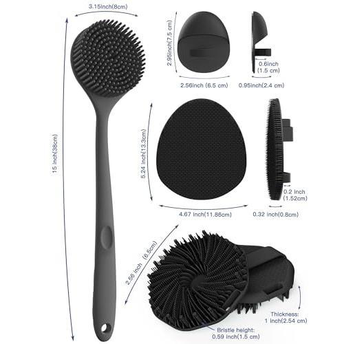 Manmihealth Silicone Back Scrubber & Soft Bath Glove Set 4 PCS(Thick Bristles), Super-Exfoliating Body Scrubber & Super-Lathering Shower Brush Combination, with 2 Free Hooks (Black)