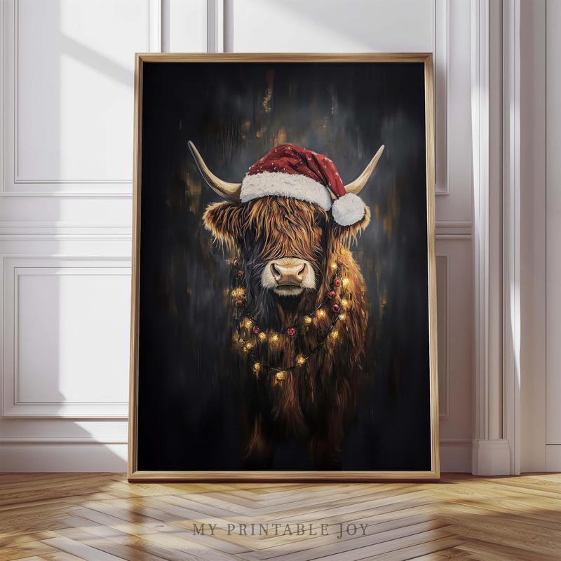 Aglined Highland Cow Christmas Art Print, Santa Hat Rustic Farmhouse Holiday Wall Art, Dark Academia Print, Unframed Poster