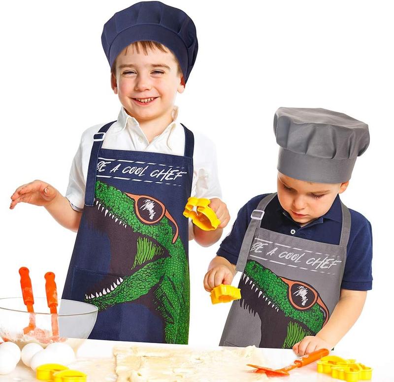 Apron and Chef Hat for Boys Dinosaur  Aprons with Pockets,  Apron for Cooking Baking Painting 3-12 Years