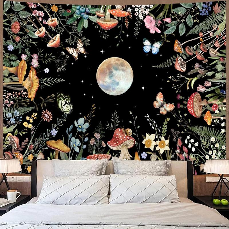 Moon Garden Tapestry Moonlit Green Plant Botanical Mushroom Flowers Tapestry Wall Hanging Black Nature Floral Butterfly Aesthetic Tapestries for Bedroom Dorm Living Room (48''  36'')