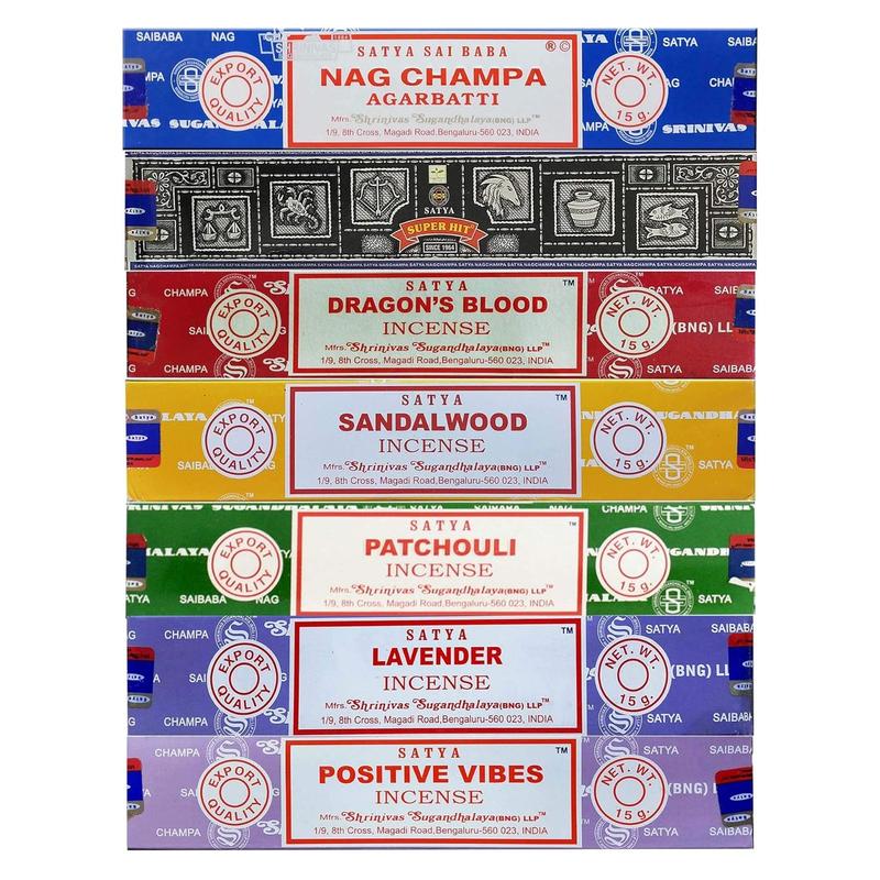 Pack of 7 Satya Incense Gift Set Nag Champa, Super hit, Dragon's Blood, Sandalwood, Patchouli, Lavender, Positive Vibes, 15g Each Scent Perfume