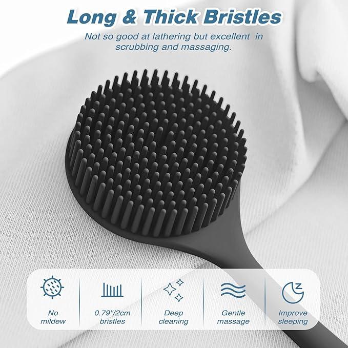 Silicone Back Body Scrubber(Thick Bristles) & Soft Bath Glove Set, Super-Exfoliating Body Scrubber & Super-Lathering Shower Brush Combination