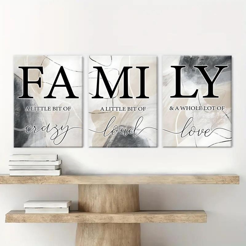 Family Letter Pattern Wooden Framed Canvas Painting, 3 Counts Modern Art Wall Decor, Wall Art for Home Living Room Bedroom Office Room Decor, Christmas 2024 Ornament, Christmas Gift Ideas, Stocking Stuffers