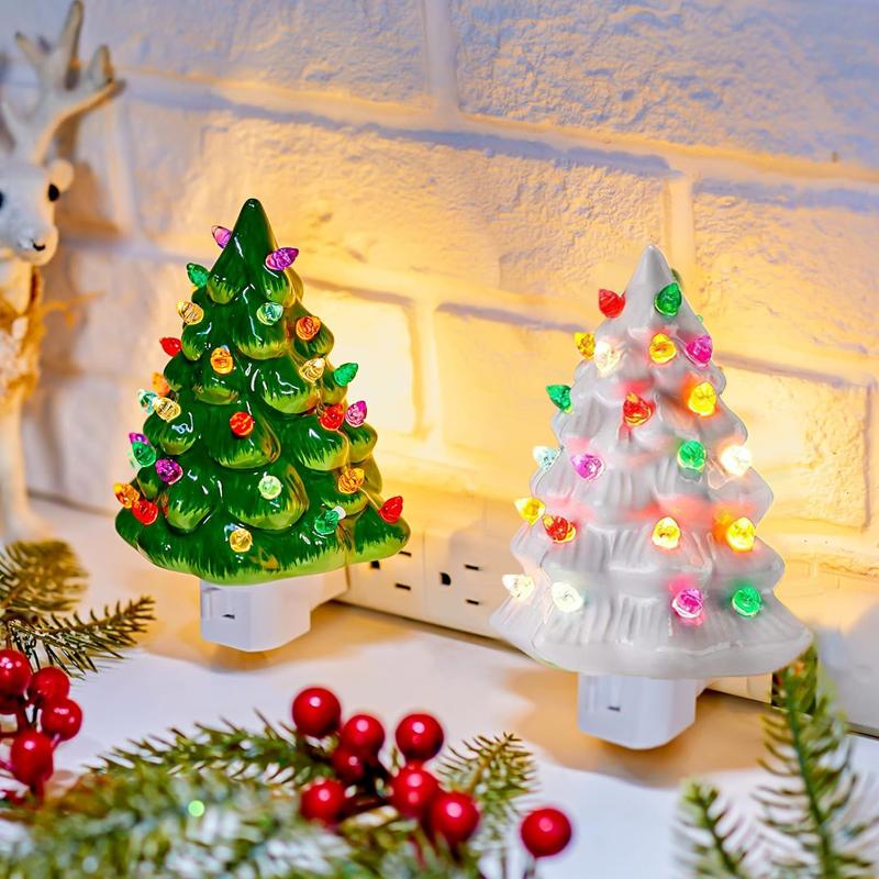 Lucy Art 90 Christmas Ceramic Tree Night Light, Decorative Retro Christmas Tree Nightlight with Lamp, Multicolor Bulbs and 360 Degree Swivel