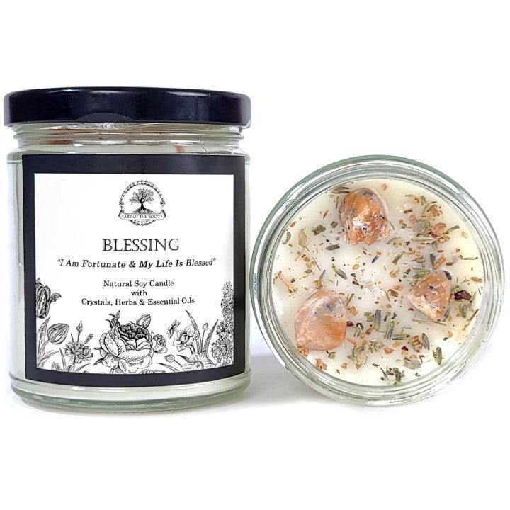 Blessing Affirmation Soy Candle with Crystals for Good Fortune & Protection | Art Of The Root