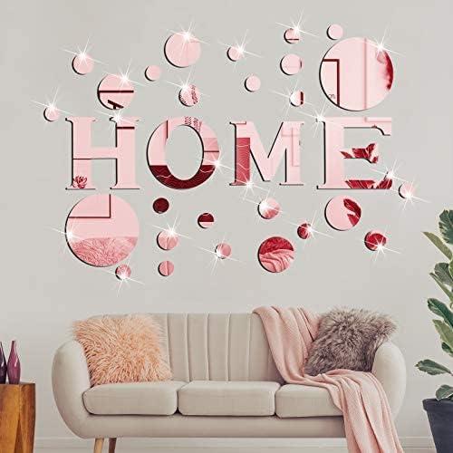 30 Pcs Living Room Wall Décor Home Mirror Wall Stickers Letter Signs DIY Acrylic Mirror Decals 3D Wall Decorations for Home Bedroom Living Room Décor Removable (Rose Gold)