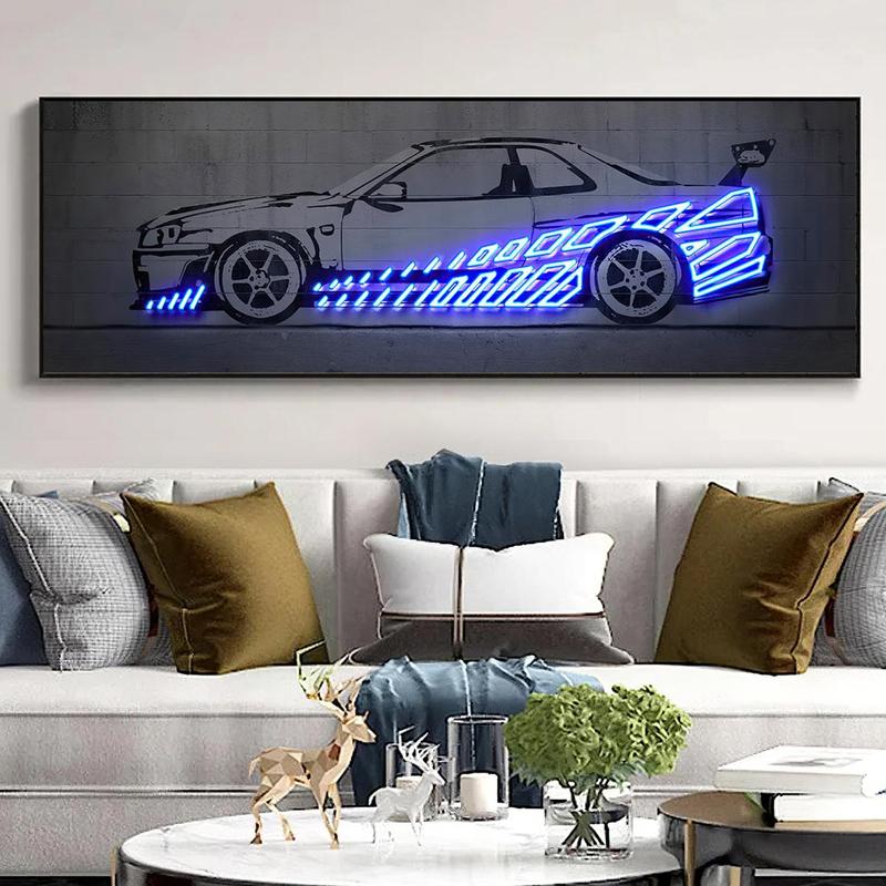 Luminous Car Pattern Canvas Painting without Frame, 1 Count Creative Car Pattern Wall Art, Wall Art Decor for Home Living Room Bedroom Office