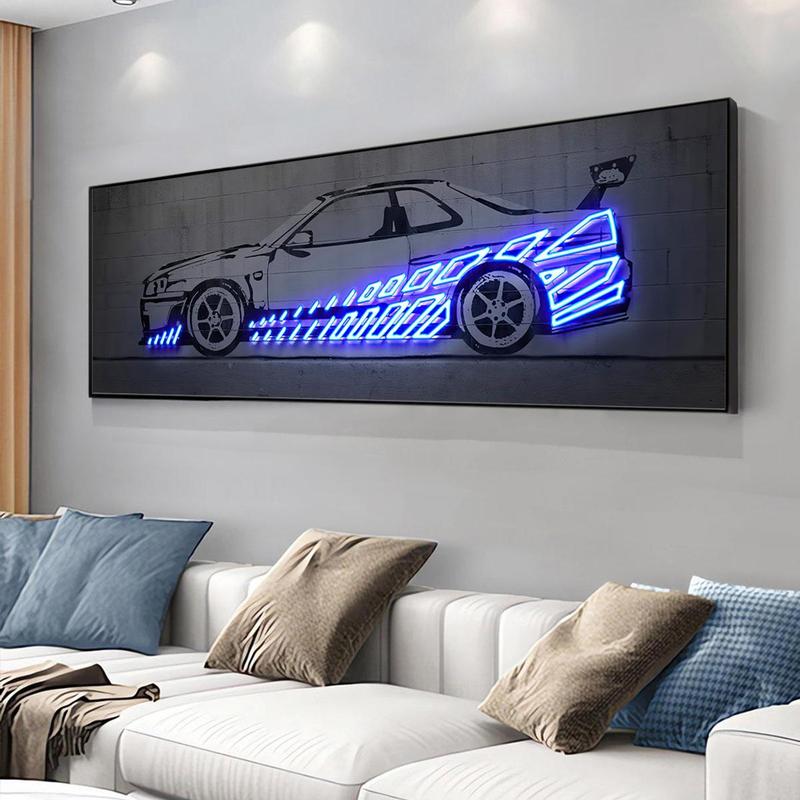 Luminous Car Pattern Canvas Painting without Frame, 1 Count Creative Car Pattern Wall Art, Wall Art Decor for Home Living Room Bedroom Office