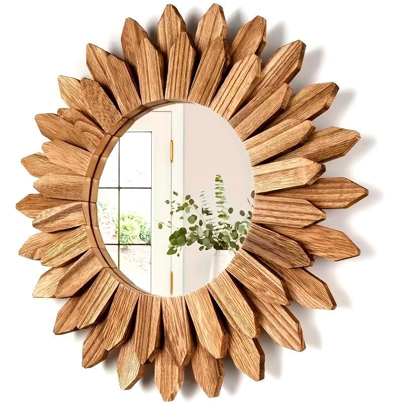 Wooden Sunflower Design Wall Mirror, 1 Count Boho Style Wall Mounted Mirror, Wall Decor for Home Living Room Bedroom Entryway