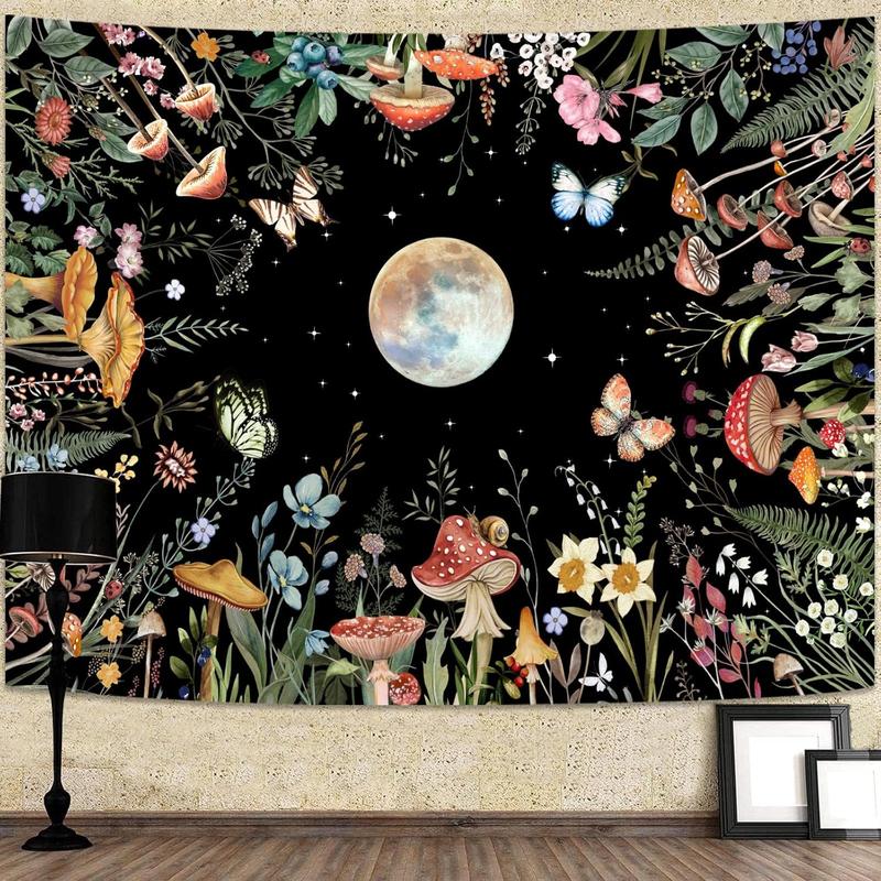 Moon Garden Tapestry Moonlit Green Plant Botanical Mushroom Flowers Tapestry Wall Hanging Black Nature Floral Butterfly Aesthetic Tapestries for Bedroom Dorm Living Room (48''  36'')