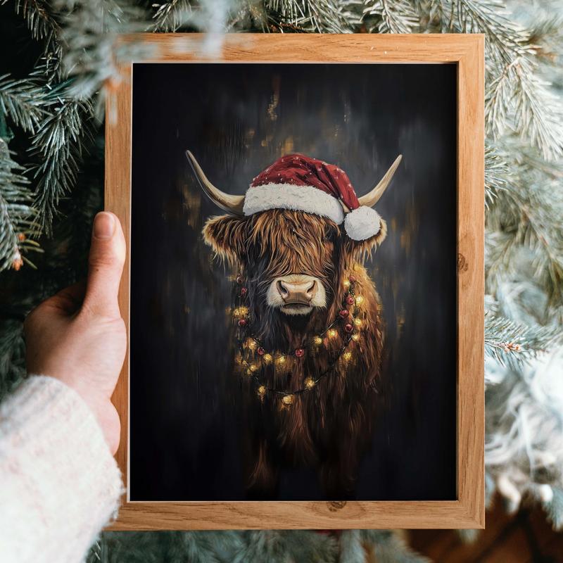 Aglined Highland Cow Christmas Art Print, Santa Hat Rustic Farmhouse Holiday Wall Art, Dark Academia Print, Unframed Poster