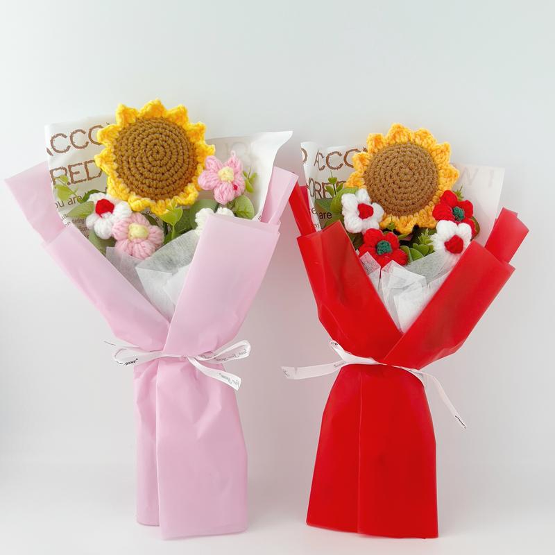 Crochet Flowers Bouquet Sunflower Exquisite Knitted Flower Wrap with Light Ready for Gift Home Decoration Ornaments Decorative Fruit