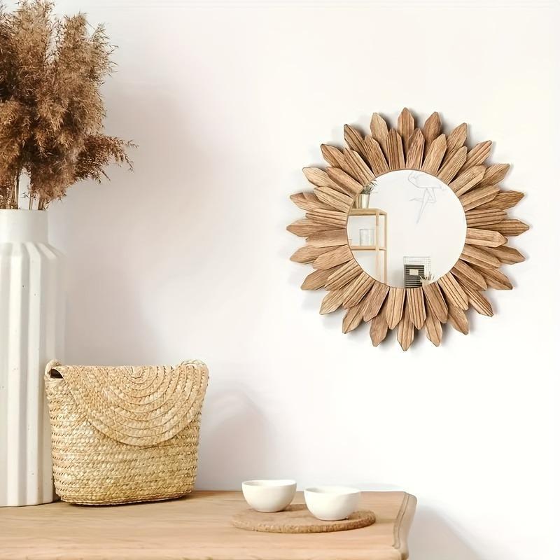 Wooden Sunflower Design Wall Mirror, 1 Count Boho Style Wall Mounted Mirror, Wall Decor for Home Living Room Bedroom Entryway