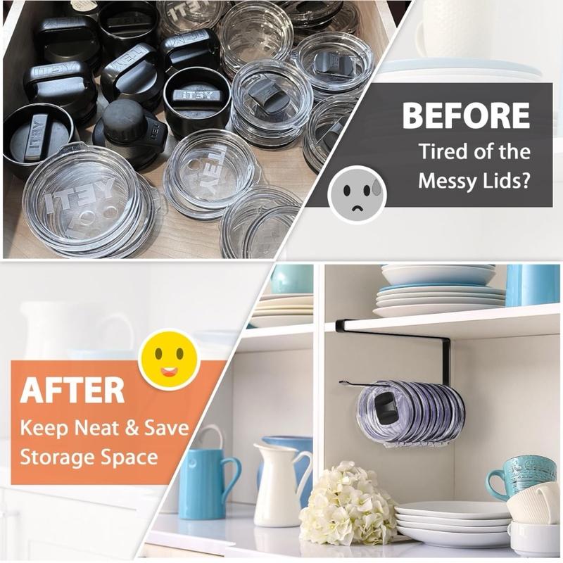 Tumbler Lid Organizer, Horizontal Tumbler Lid Storage Hook Up to 10 Lids, Space Saving Cup Lid Holders Under Cabinet Tumbler Lid Hook for Kitchen Organizer and Storage,Hanging Paper Towel Rack Hanger