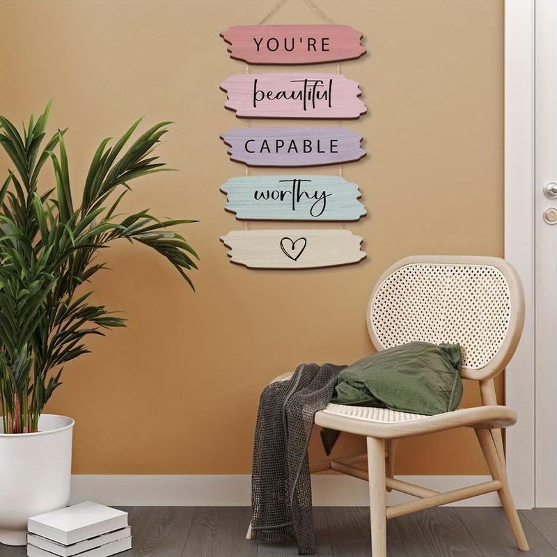 You're Beautiful Capable Worthy Wooden Hanging Sign, 1 Count Inspirational Quotes Wall Hanging Decoration, Wall Art for Living Room Bedroom Decor