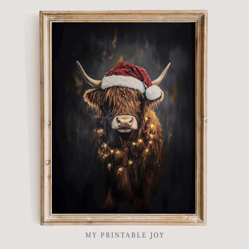 Aglined Highland Cow Christmas Art Print, Santa Hat Rustic Farmhouse Holiday Wall Art, Dark Academia Print, Unframed Poster