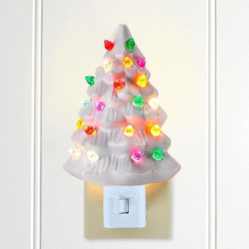 Lucy Art 90 Christmas Ceramic Tree Night Light, Decorative Retro Christmas Tree Nightlight with Lamp, Multicolor Bulbs and 360 Degree Swivel