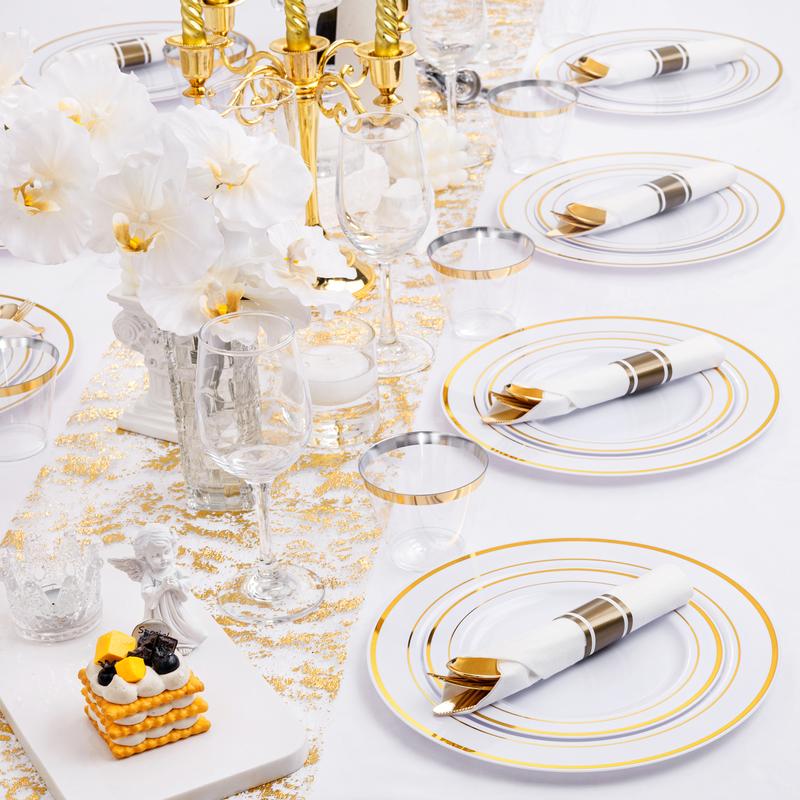 350 Pcs Gold Disposable  Plastic Plates Include: 50 Dinner Plates 10.25”, 50 Dessert Plates 7.5”, 50 Gold Rim Cups ,50 Cutlery for Wedding soft plain Set