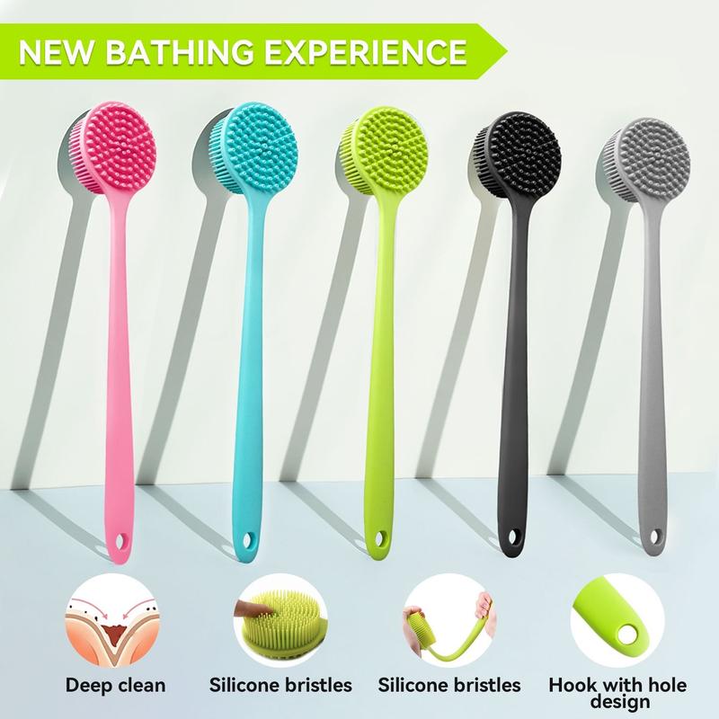 KEMIER Shower silicone back brush, 17-inch extended handle body brush, double-sided shower brush, for shower exfoliation and massage, soft silicone material skin close to produce rich foam, men and women universal long handle back cleaning brush