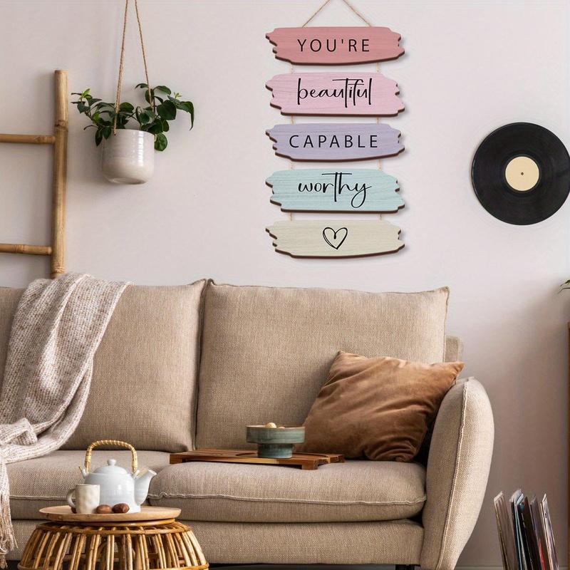 You're Beautiful Capable Worthy Wooden Hanging Sign, 1 Count Inspirational Quotes Wall Hanging Decoration, Wall Art for Living Room Bedroom Decor