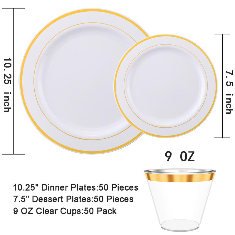 350 Pcs Gold Disposable  Plastic Plates Include: 50 Dinner Plates 10.25”, 50 Dessert Plates 7.5”, 50 Gold Rim Cups ,50 Cutlery for Wedding soft plain Set