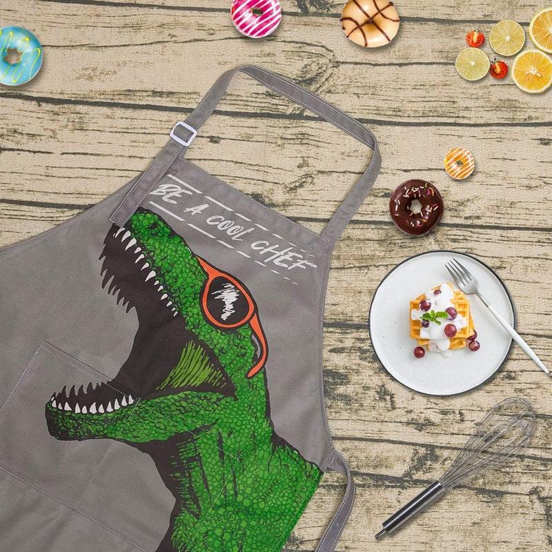 Apron and Chef Hat for Boys Dinosaur  Aprons with Pockets,  Apron for Cooking Baking Painting 3-12 Years