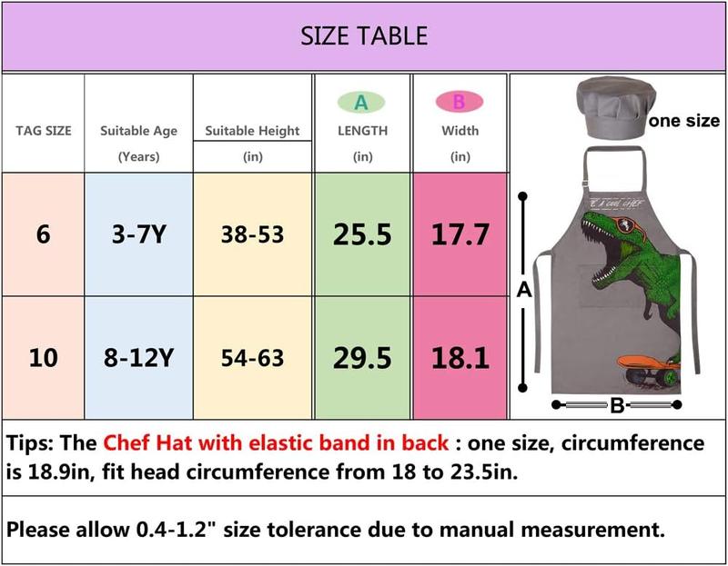 Apron and Chef Hat for Boys Dinosaur  Aprons with Pockets,  Apron for Cooking Baking Painting 3-12 Years