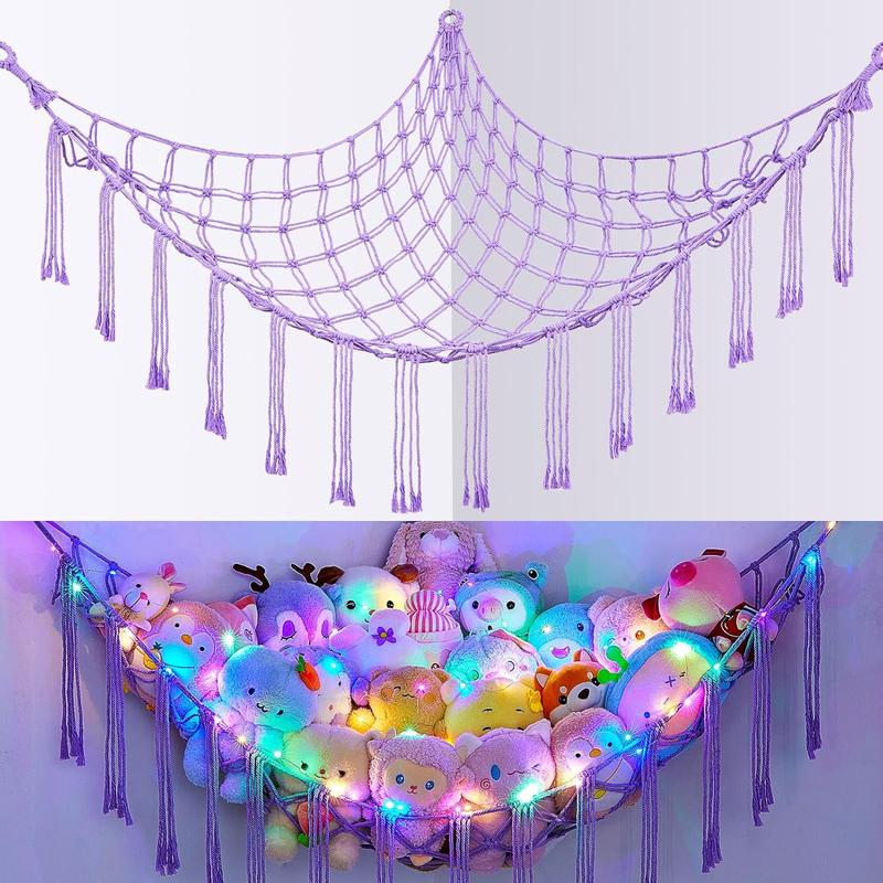 Stuffed  Net or Hammock with LED Light, Hanging Stuffed  Storage  Hammock Net Corner Wall Girls Room Decor  Storage Organizer, Purple, L