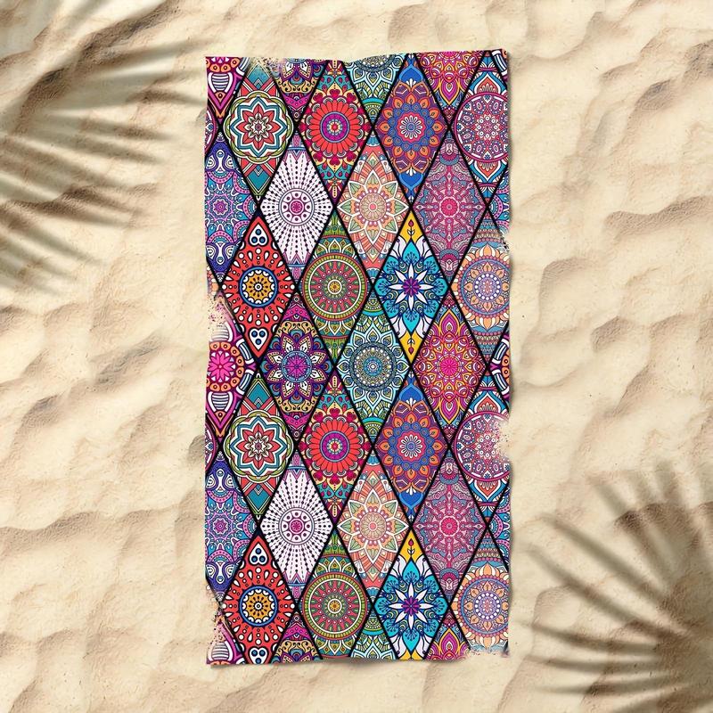 Boho Style Patchwork Print Beach Towel, Beach Blanket, Mat, Casual Lightweight Soft Absorbent Quick Drying Towel for Summer Beach, Swimming, Travel, Pool, Gym, Beach Trip, Gifts