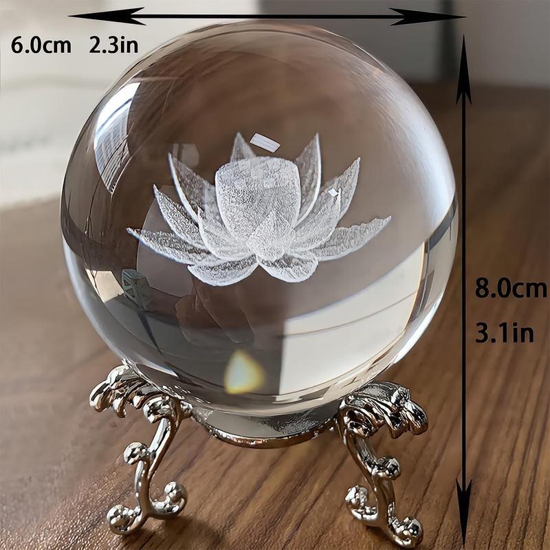 Lotus Design Crystal Ball, 1 Count 3D Lotus Decorative Glass Ball with Base, Home Decoration Ornament for Living Room Bedroom Office