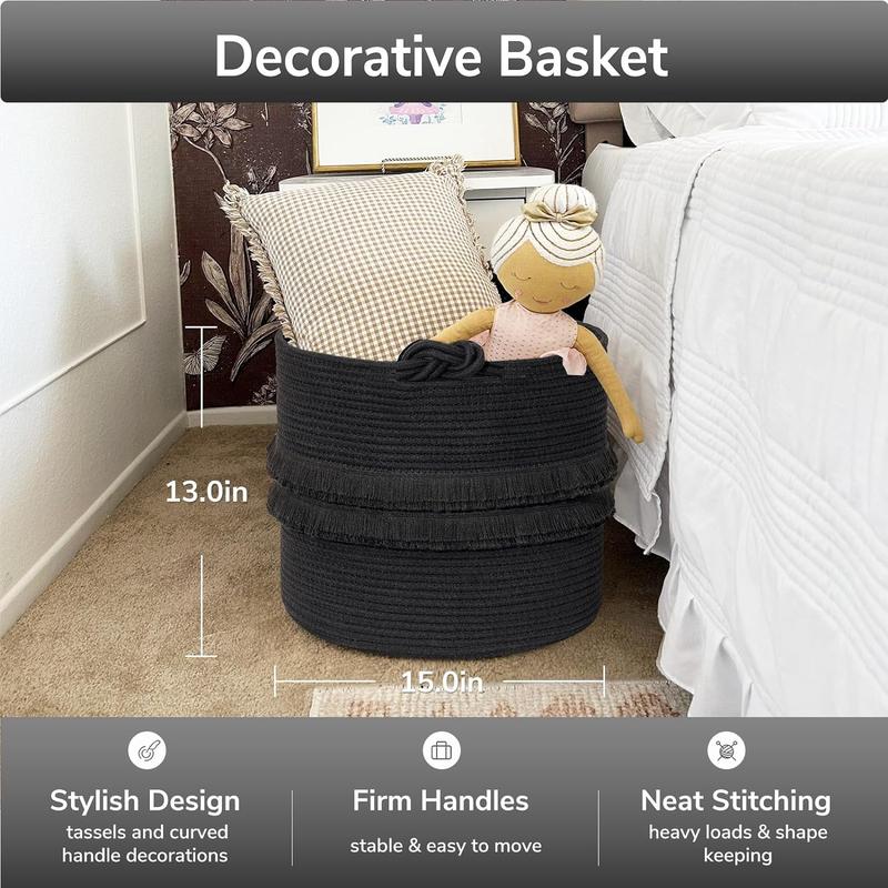 CherryNow Extra Large Black Laundry Basket, Rope Storage Basket of Natural Material by handmade