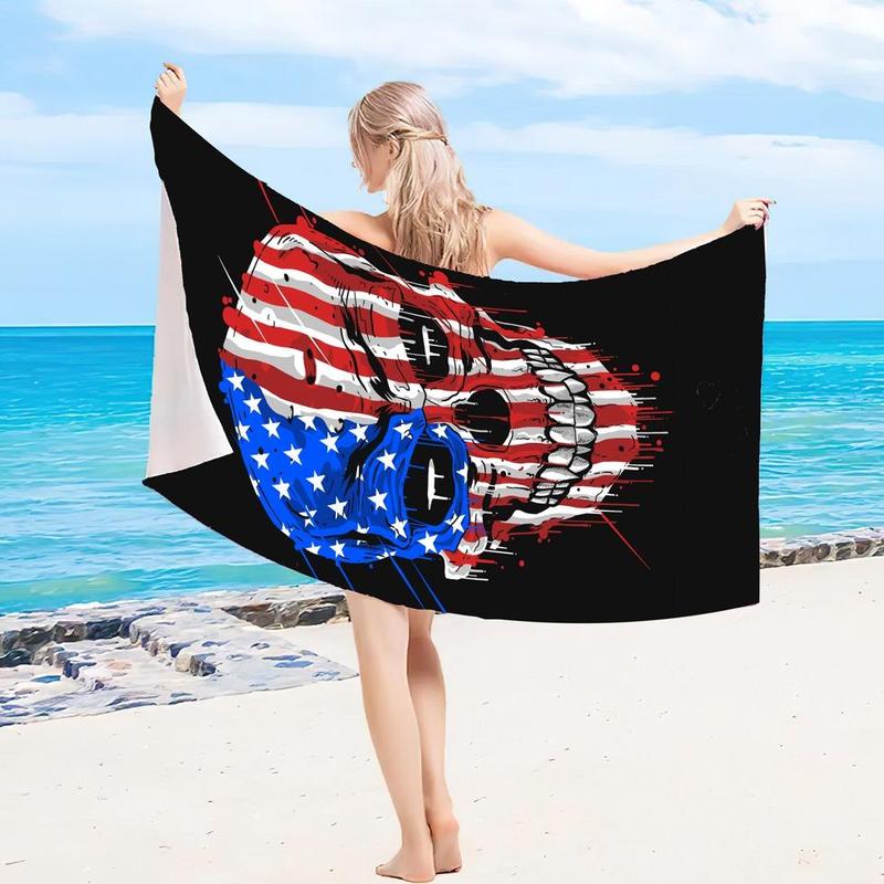 Skull American Flag Pattern Beach Towel, Beach Blanket, Mat, Quick Drying Soft Bath Towel, Portable Lightweight Comfortable Beach Towel, Beach Blanket, Mat, Absorbent Towel for Swimming Pool, Beach Trip, Travel Essentials, Vacation Sets, Gifts