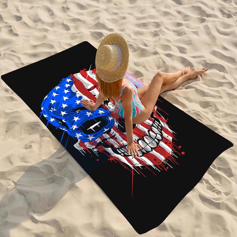 Skull American Flag Pattern Beach Towel, Beach Blanket, Mat, Quick Drying Soft Bath Towel, Portable Lightweight Comfortable Beach Towel, Beach Blanket, Mat, Absorbent Towel for Swimming Pool, Beach Trip, Travel Essentials, Vacation Sets, Gifts