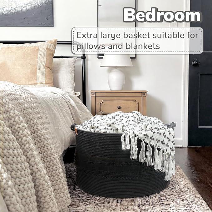 CherryNow Extra Large Black Laundry Basket, Rope Storage Basket of Natural Material by handmade