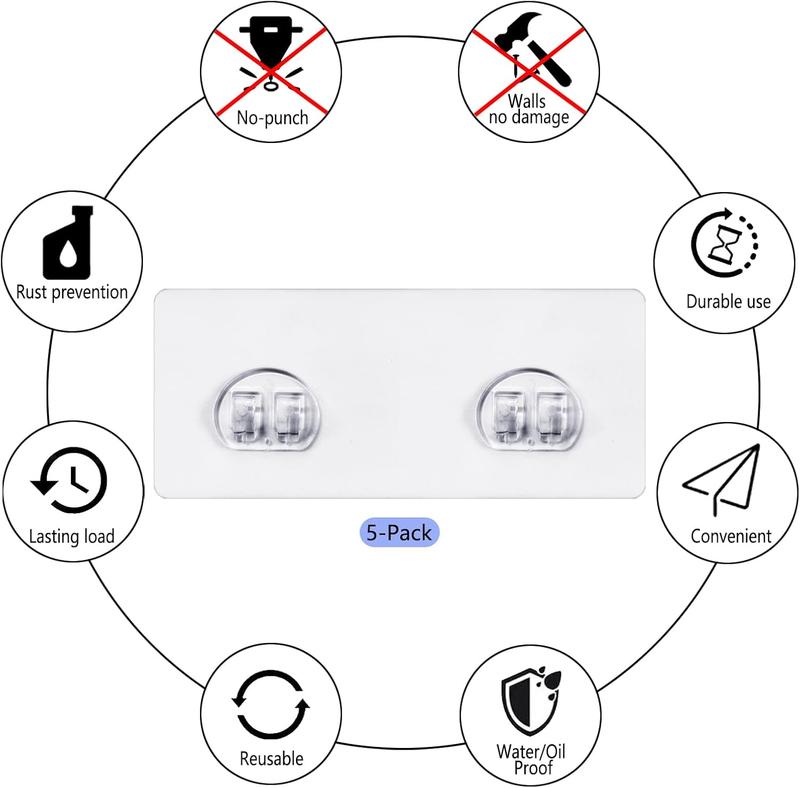5-Pack Shower  Adhesive Replacement, Transparent Adhesive Hooks Stickers,  Hook Strip for Shower  Basket Shelf, Soap Holder, Bathroom Storage Racks and Kitchen Racks