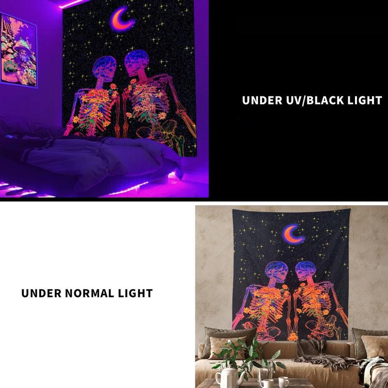 Floral Skull Star Moon Pattern UV Reactive Luminous Tapestry, 1 Count Wall Hanging Tapestry For Living Room Bedroom Home Decor