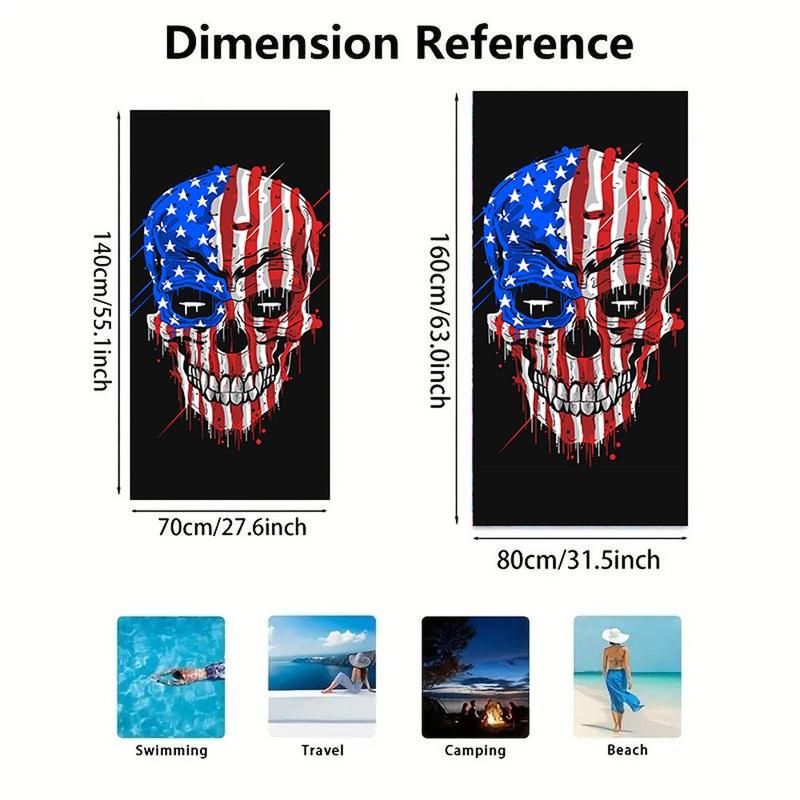 Skull American Flag Pattern Beach Towel, Beach Blanket, Mat, Quick Drying Soft Bath Towel, Portable Lightweight Comfortable Beach Towel, Beach Blanket, Mat, Absorbent Towel for Swimming Pool, Beach Trip, Travel Essentials, Vacation Sets, Gifts