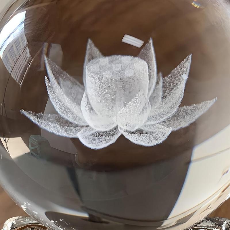 Lotus Design Crystal Ball, 1 Count 3D Lotus Decorative Glass Ball with Base, Home Decoration Ornament for Living Room Bedroom Office