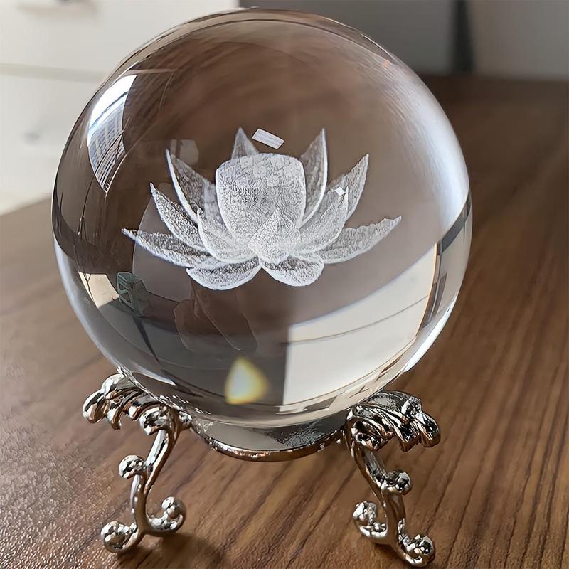 Lotus Design Crystal Ball, 1 Count 3D Lotus Decorative Glass Ball with Base, Home Decoration Ornament for Living Room Bedroom Office