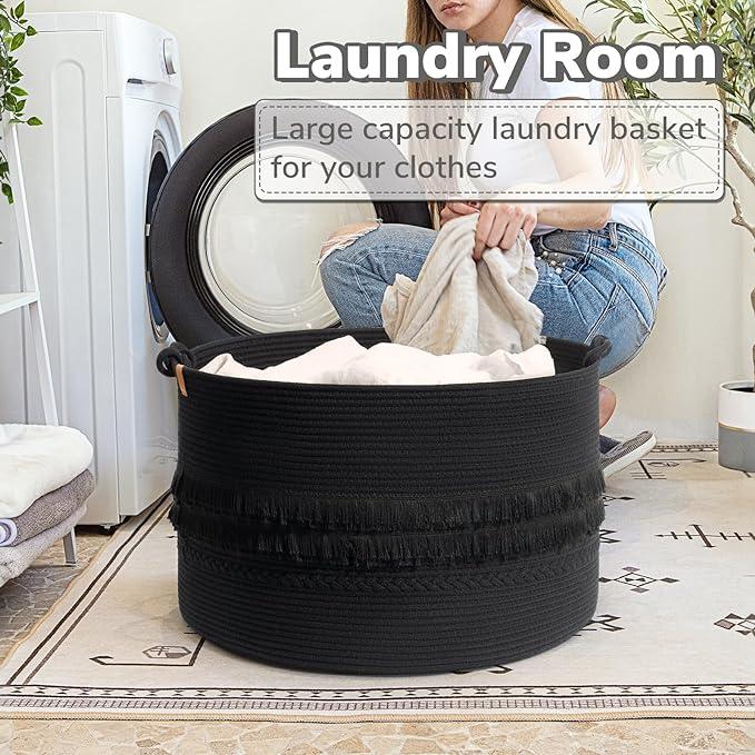 CherryNow Extra Large Black Laundry Basket, Rope Storage Basket of Natural Material by handmade