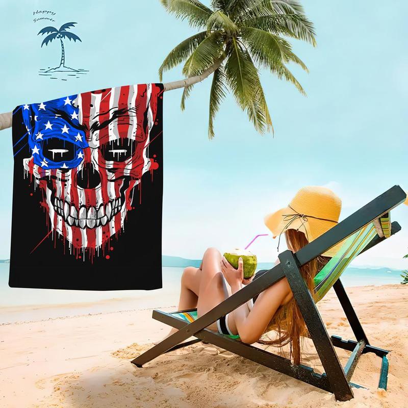 Skull American Flag Pattern Beach Towel, Beach Blanket, Mat, Quick Drying Soft Bath Towel, Portable Lightweight Comfortable Beach Towel, Beach Blanket, Mat, Absorbent Towel for Swimming Pool, Beach Trip, Travel Essentials, Vacation Sets, Gifts