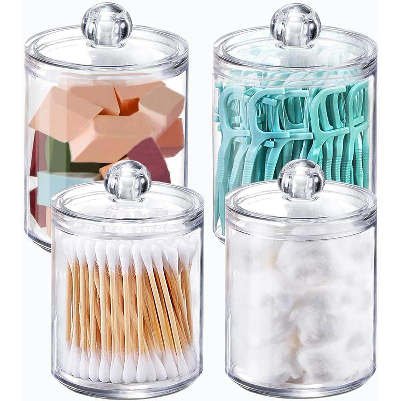 4 Pack Holder Dispenser for Cotton Ball, Cotton Swab, Cotton Round Pads, Floss - 10 oz Clear Plastic Apothecary Jar Set for Bathroom Canister Storage Organization, Vanity Makeup Organizer Bottles Tin