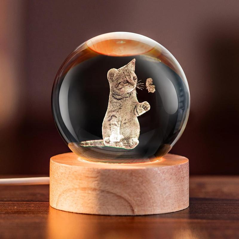 3D Cat Themed Gifts for Women Decor for Cat Lovers Cat Mom Crystal Ball Cat Related Sympathy Figurines Presents with Wooden Light Base