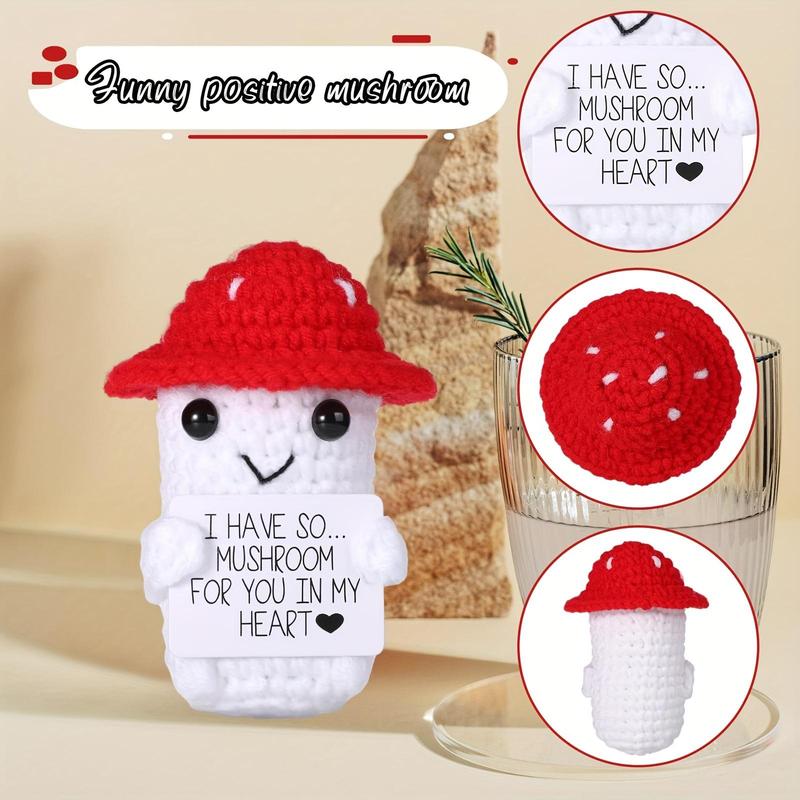 Mushroom Design Crochet Doll Decor, 1 Count Cute Mushroom Doll with Inspirational Card, Crochet Lucky Gift for Birthday Party Decoration