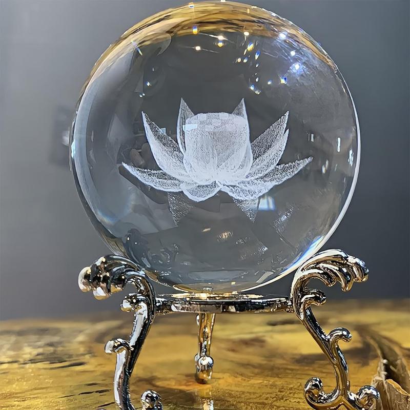 Lotus Design Crystal Ball, 1 Count 3D Lotus Decorative Glass Ball with Base, Home Decoration Ornament for Living Room Bedroom Office