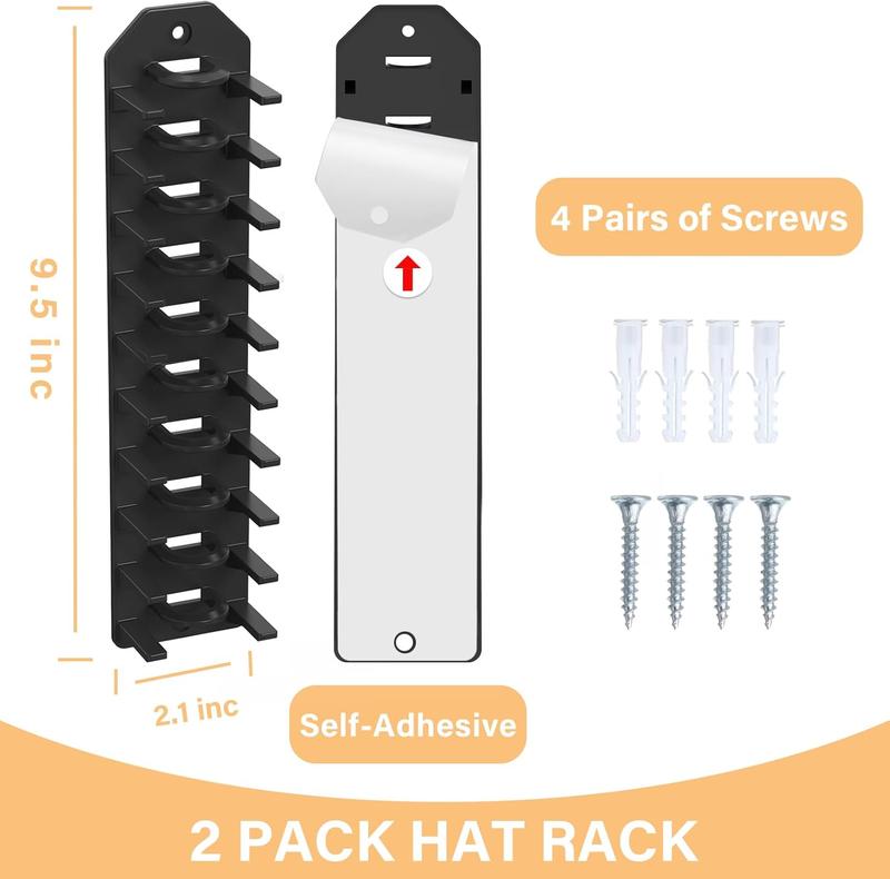 2 Pack Hat Organizer for Baseball Caps,Hat Rack for Wall, Compact Hat Storage Display Holder,Hold Up to 20 Hats,Hat Hanger Strong Adhesive Wall Drilled for Door,Bedroom,Closet