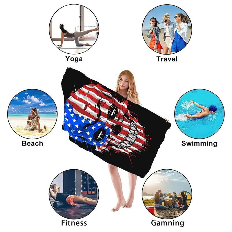 Skull American Flag Pattern Beach Towel, Beach Blanket, Mat, Quick Drying Soft Bath Towel, Portable Lightweight Comfortable Beach Towel, Beach Blanket, Mat, Absorbent Towel for Swimming Pool, Beach Trip, Travel Essentials, Vacation Sets, Gifts